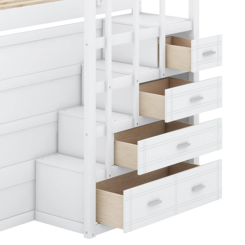 Bunk Bed with Storage Stairs and Trundle, White, Full over Full