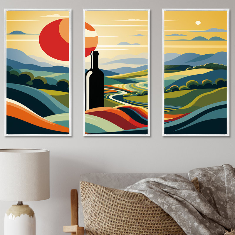 Bouteilles de vin dans des paysages italiens I - Art mural vin, Cadre flottant blanc, H 32 po x l 48 po