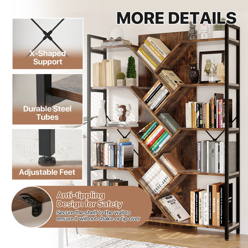 Industrial Tree Bookshelf, 5 Tier Tall Storage Rack With Open Shelves, Large  Bookcase Organizer For Bedroom Living Room Office