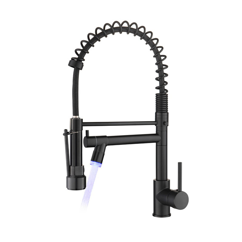 Robinet de cuisine commercial monocommande à DEL avec douchette extractible, mélangeur d'évier en laiton noir mat