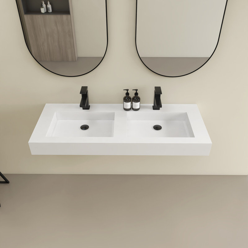 47" Upgraded Wall Mounted Double Basins Sink Solid Surface Rectangular Bathroom Sink With Faucet Hole
