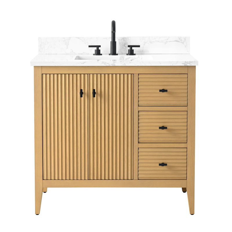 Laval 36" Single Sink Freestanding Bathroom Vanity with Engineered Marble Top, Linear Natural Oak, Matte Black