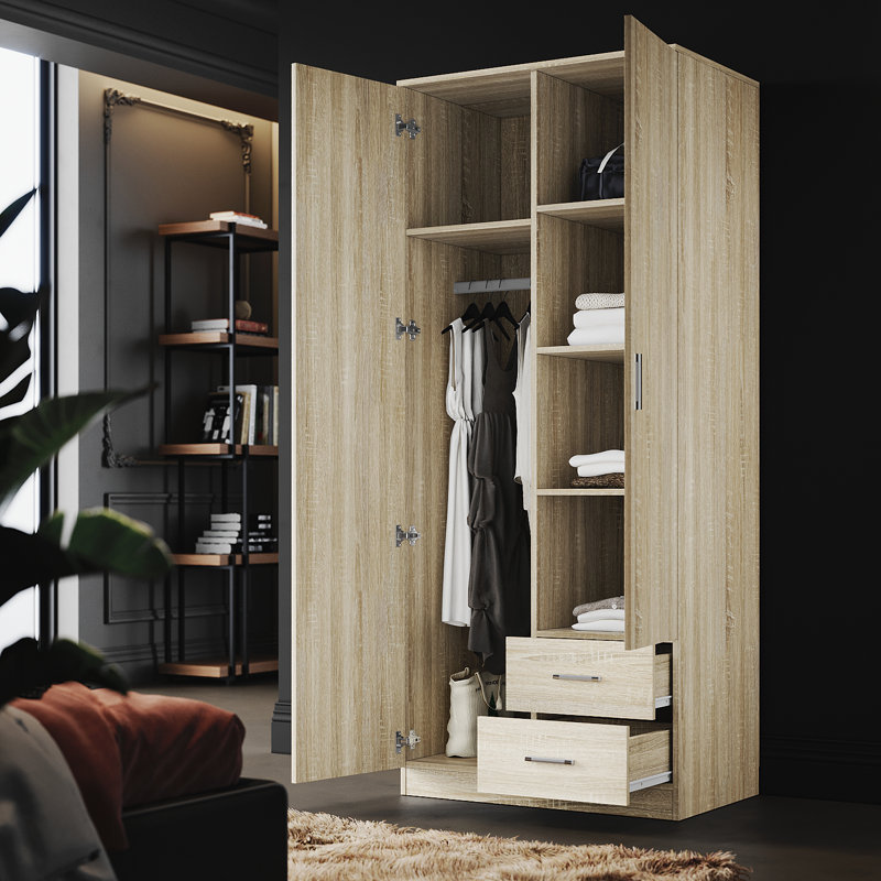 180*50*77cm, Hanging and Storage Integrated Double Door Wardrobe, Oak
