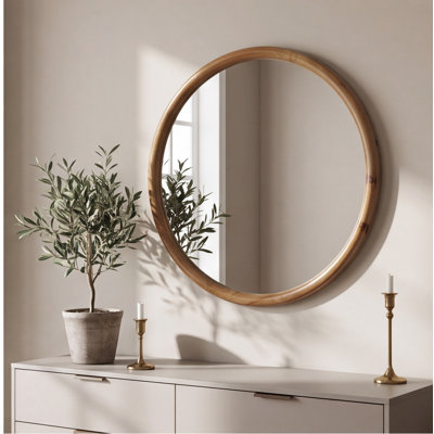 Miroir mural rond en bois naturel de 35,4 pouces, miroir Mid-Century moderne pour salle de bain, chambre à coucher et entrée