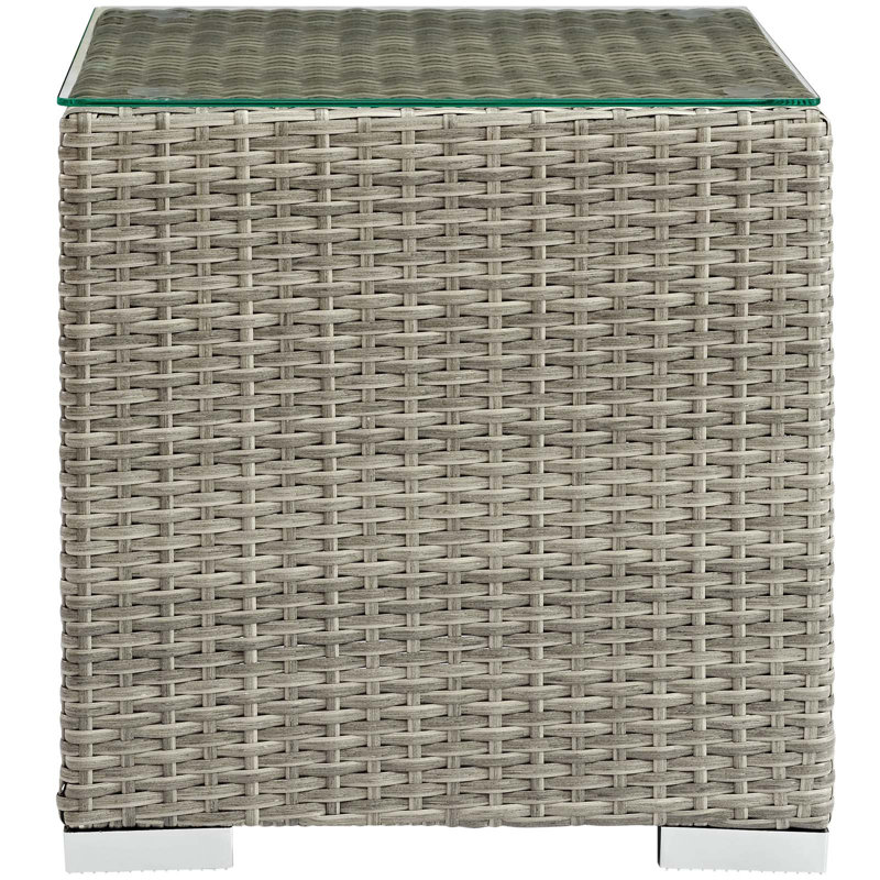 Light Gray Wicker Rattan Glass Outdoor Patio Side Table