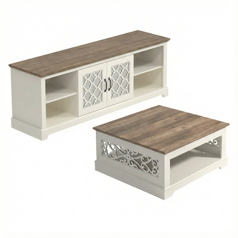 Korbin 2 Piece Modern Coordinated Living Room Storage Set, Ivory, Knotty Oak