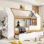 Lit simple en bois massif blanc et naturel avec tiroirs et tablettes