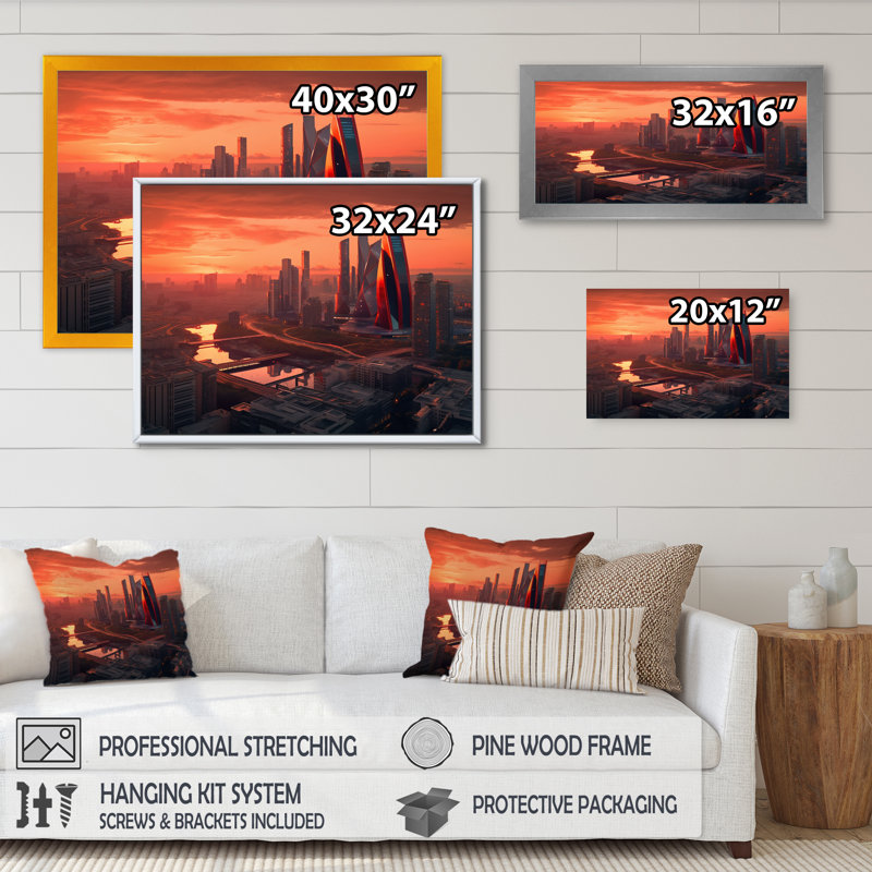 «Orange and Pink Architectural Merveilles II», reproduction sur toile, H 12 po x l 20 po x P 1 po, Cadre flottant doré