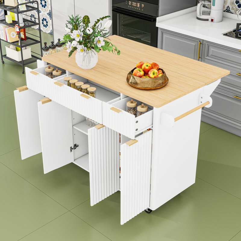Kitchen Island with Drop Leaf, Power Outlet, 4 Doors, 3 Drawers and Adjustable Shelves