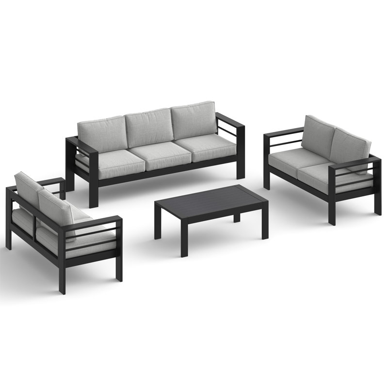 4-Piece Aluminum Patio Conversation Set With Cushions, Black Frame/Light Gray Cushion 