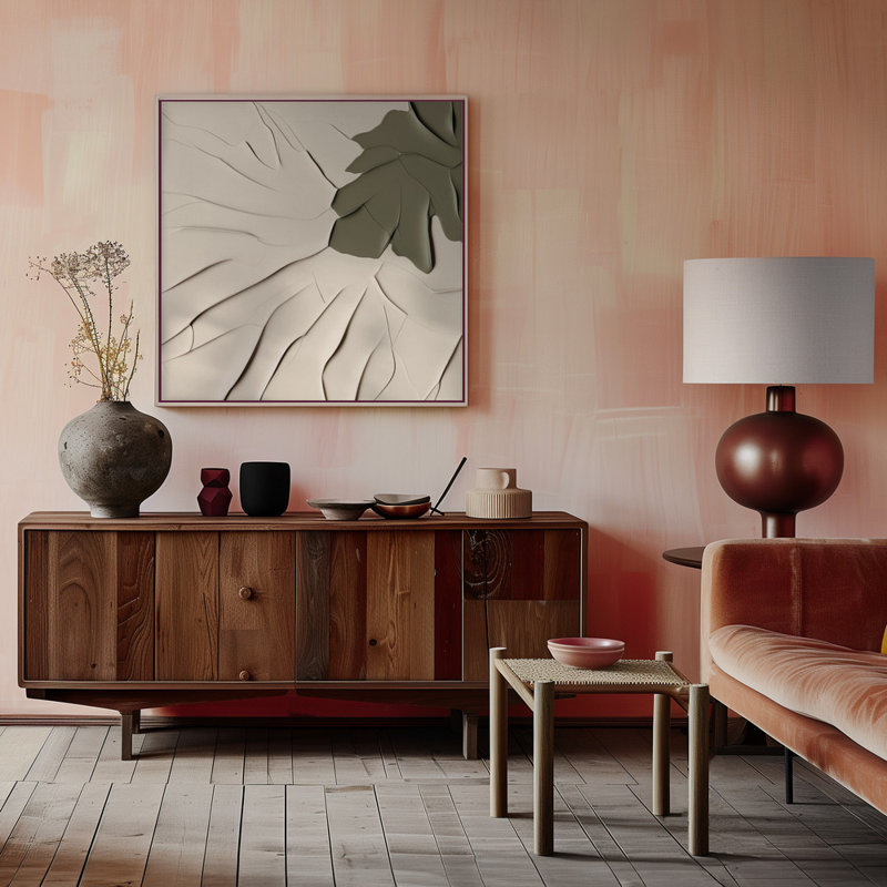  Décoration murale botanique neutre avec des formes beiges et des feuilles de palmier vertes S Croquis Faune V | 40 po x 40 po | Cadre naturel