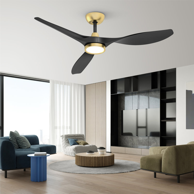 (Ensemble de 2) Ventilateur de plafond à hélice à DEL de 52 po avec télécommande, Noir et or