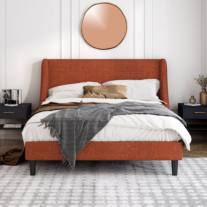 Toderick Upholstered Platform Bed with Deluxe Wingback and Linen Blend, Queen, Orange
