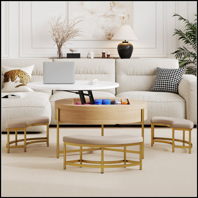 Modern Round Lift-Top Coffee Table with Storage & 3 Ottoman Set, White & Natural, Perfect for Contemporary Living Spaces