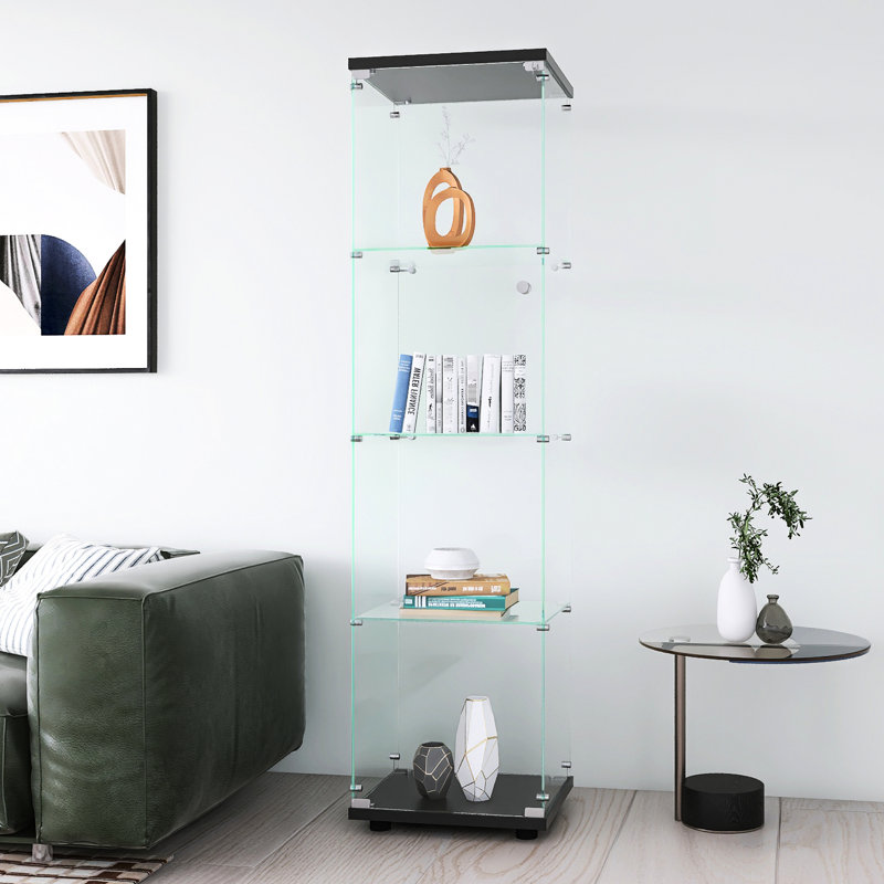 Vitrine à 4 tablettes en verre noir avec porte, 64,7 po x 16,7 po x 14,3 po, pour exposer du matériel de camping et un appartement