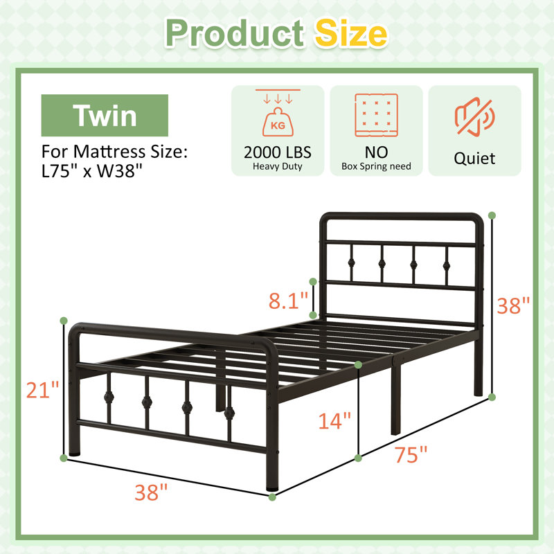14 Inch Bed Frame with Headboard and Footboard, Twin
