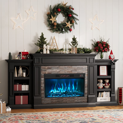 Meuble télé avec foyer électrique de 80 pouces (203 cm) et flammes colorées, manteau de cheminée en imitation pierre, console de rangement réglable, centre multimédia pour téléviseurs jusqu'à 90 pouces (229 cm), noir