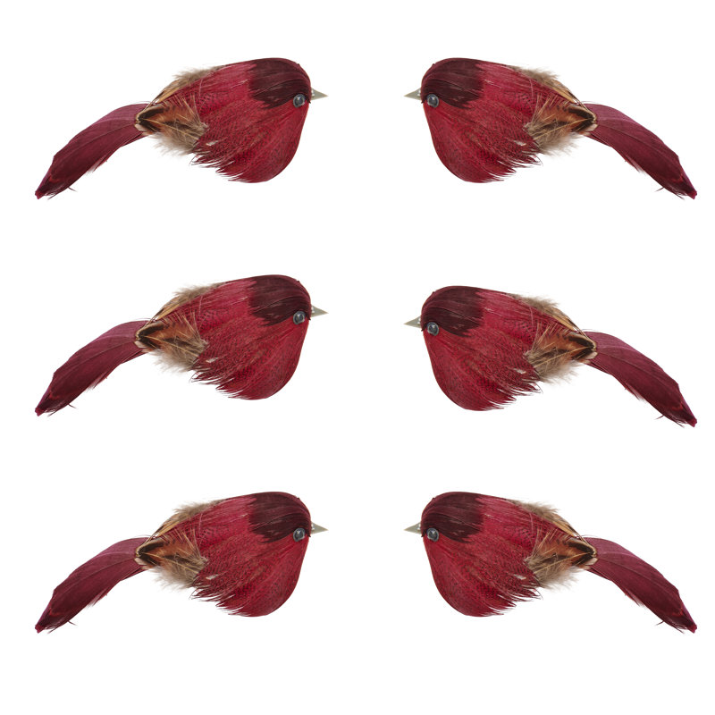5" Feathered Red Bird with Metal Clip, Set of 6