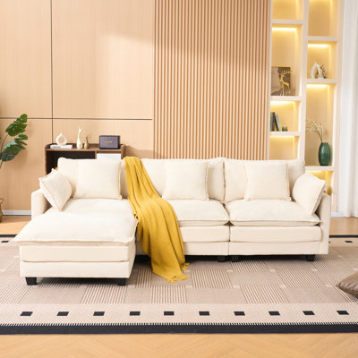 Beige en forme de L avec rembourrage de lit modulaire rembourré en lin 3 po