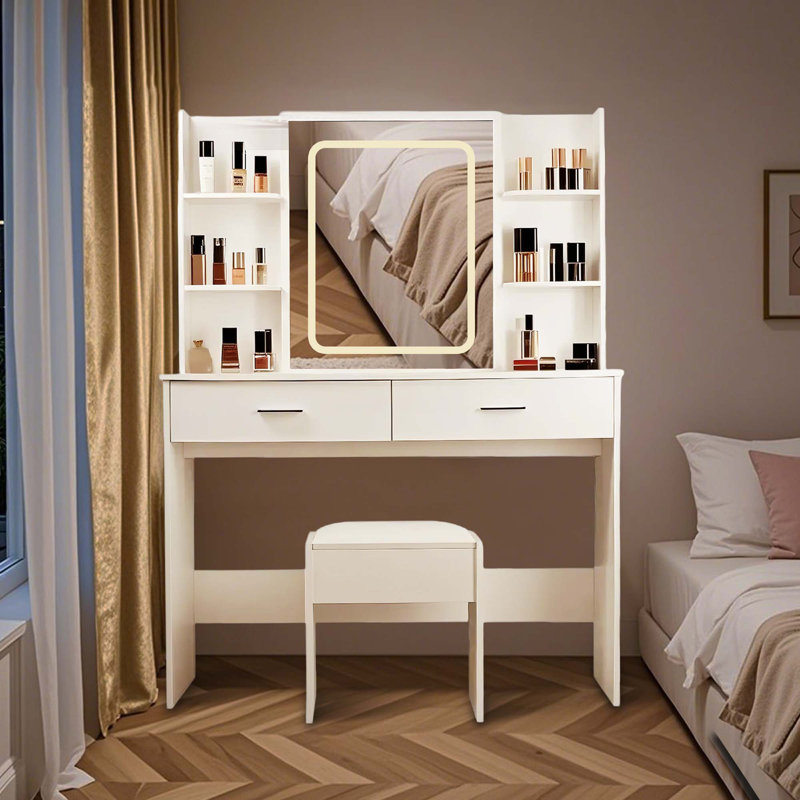 Bureau de coiffeuse avec miroir et lumières, coiffeuse de maquillage avec 2 tiroirs et 6 tablettes de rangement, 3 modes d'éclairage à luminosité réglable, coiffeuse avec prise de courant et tabouret rembourré pour la chambre à coucher