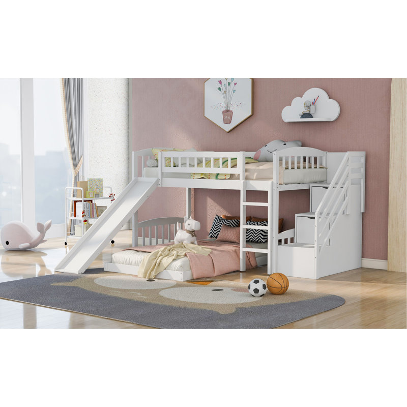 White Twin Over Bunk Bed With Secure Staircase And Fun Slide - Structure Functional Climbing Drawers Stable