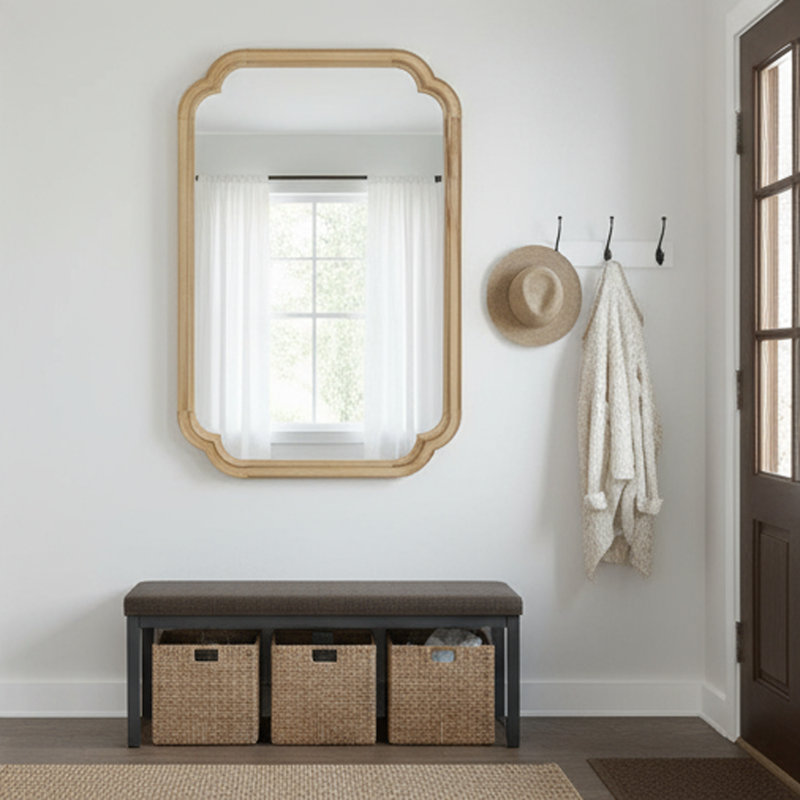 Miroir de coin rond en bois massif naturel 24 po x 36 po pour chambre à coucher, salle de bain, salon et entrée, Bois naturel