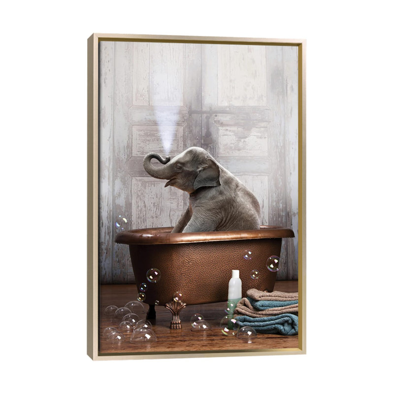 Éléphant dans la baignoire - impression d'art graphique, Pas de tapis, Toile encadrée champagne, H 60 po x l 40 po x P 1,5 po