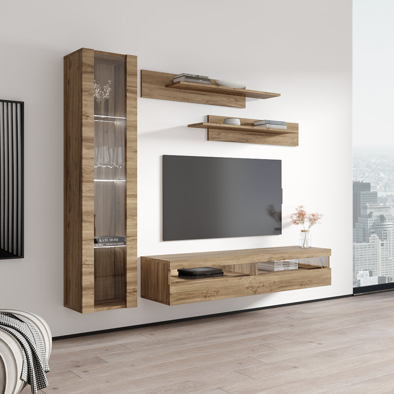 Lineberry 85" Modern Floating Wall Mounted Entertainment Center with 16-Color LED Lighting, High Gloss Finish, Oak