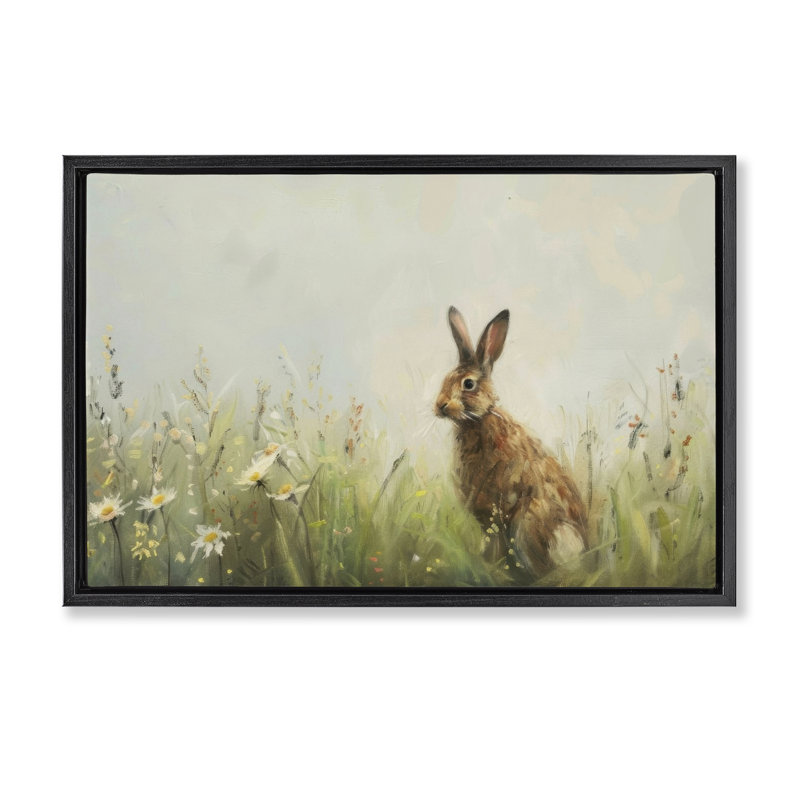 Lapin brun avec cadre flottant marguerites, design par LSR Design Studio, H 17 po x l 25 po, Cadre flottant noir de jais