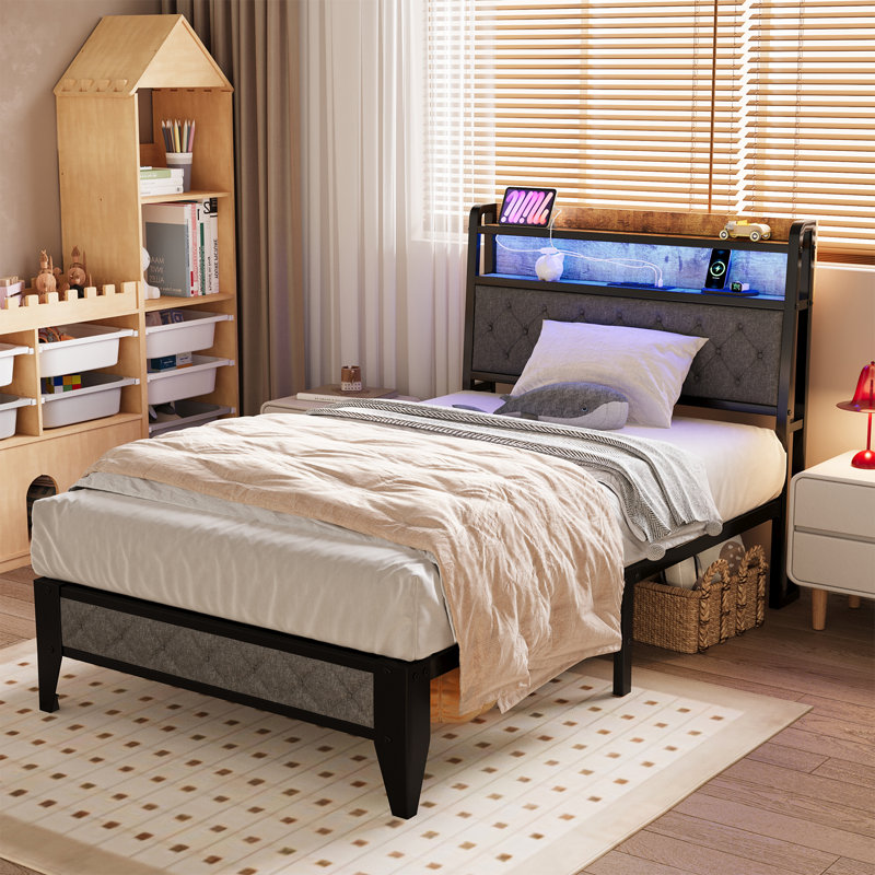 Nevio Bed Frame with Storage Headboard & Charging Station,Platform Metal Bed Frame with RGB Lights, Twin
