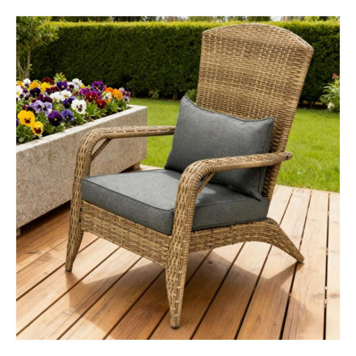 Grey Wicker Patio Adirondack Chair with Soft Cushion and Curved Backrest