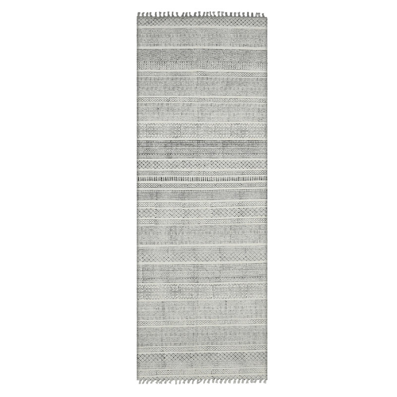 8' Charcoal Geometric Flatweave Handmade Distressed Runner Rug