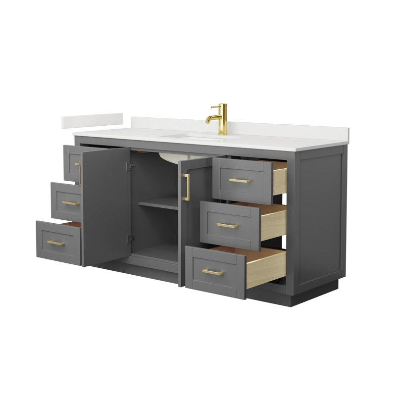 Meuble-lavabo simple autoportant de 66 po avec plateau en quartz Miranda, Quartz blanc, Gris foncé, Or brossé