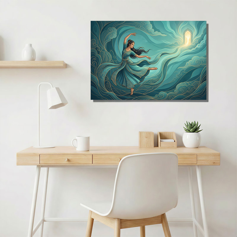 «Dancing Woman in Teal Gown Near Glowing Archway», art mural sur toile, H 18 po x l 24 po