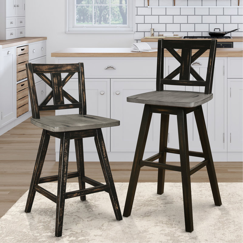 2 chaises pivotantes à 360 degrés de hauteur comptoir, en bois d'hévéa massif noir, 2 chaises rustiques Touch, pivotantes, en bois