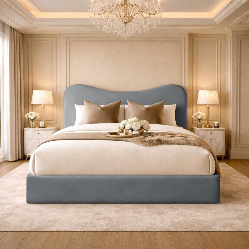 Upholstered Velvet Bed, Kingsize (5'), Grey