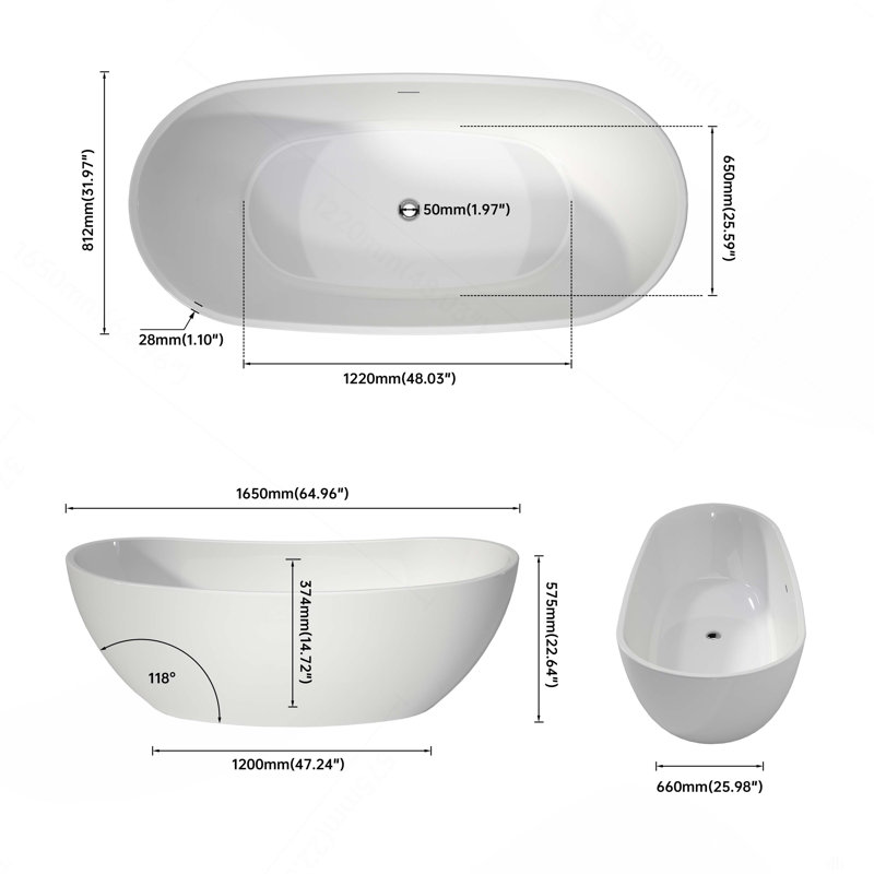 Baignoires autoportantes en acrylique - Baignoires de trempage profondes modernes et spacieuses, blanc