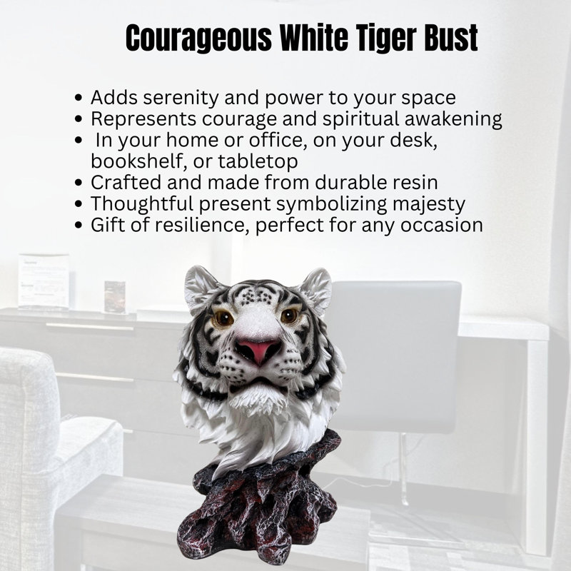 Resin Rustic Wildlife White Tiger Bust Freestanding Tabletop Sculpture Collectible for Home or Office Décor