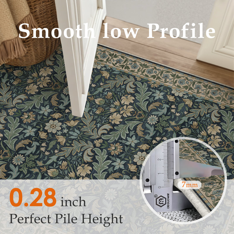 Ellis & Loom Vintage Floral Area Rug Faux Linen Machine Washable for Living Room, Rectangle 3' x 5'