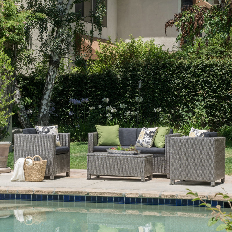 Ensemble 4 pièces PUERTA pour patio, terrasse et cour arrière, Coussin noir / structure grise
