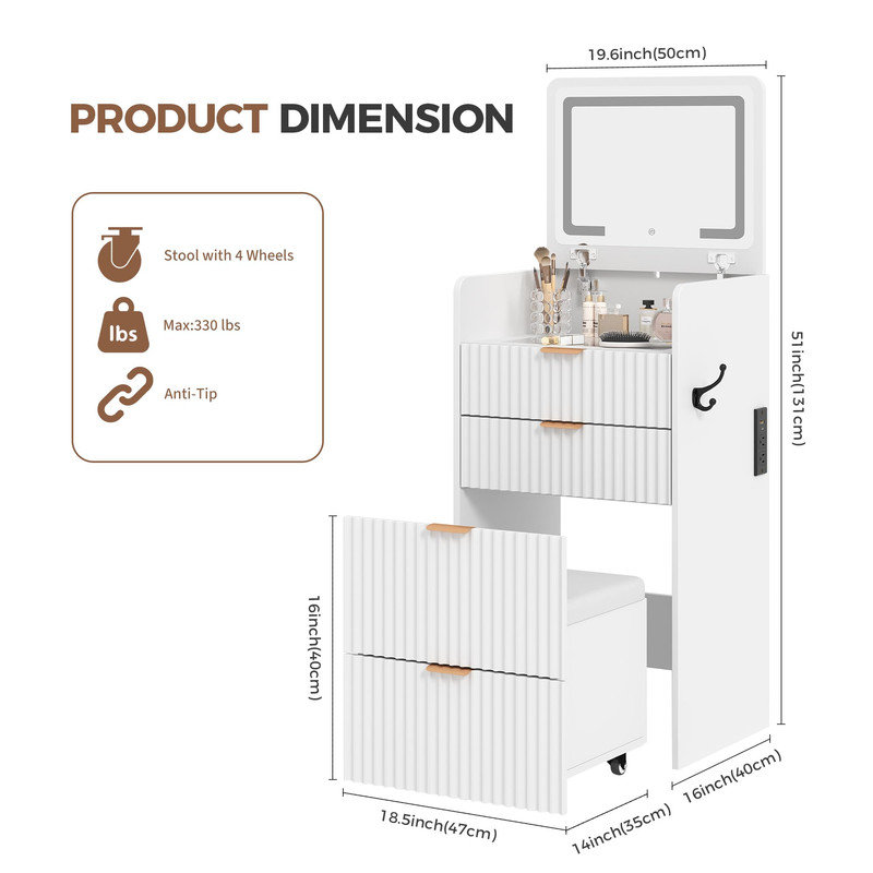 Meuble-lavabo compact 3 en 1 avec miroir rabattable, lumières et station de charge