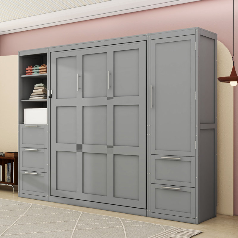 Grand lit escamotable en bois 5 tiroirs avec placard et tablettes, Gris