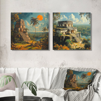 Guatemala, temple Tikal au lever du soleil I - décoration murale Tikal - art mural moderne 2 pièces
