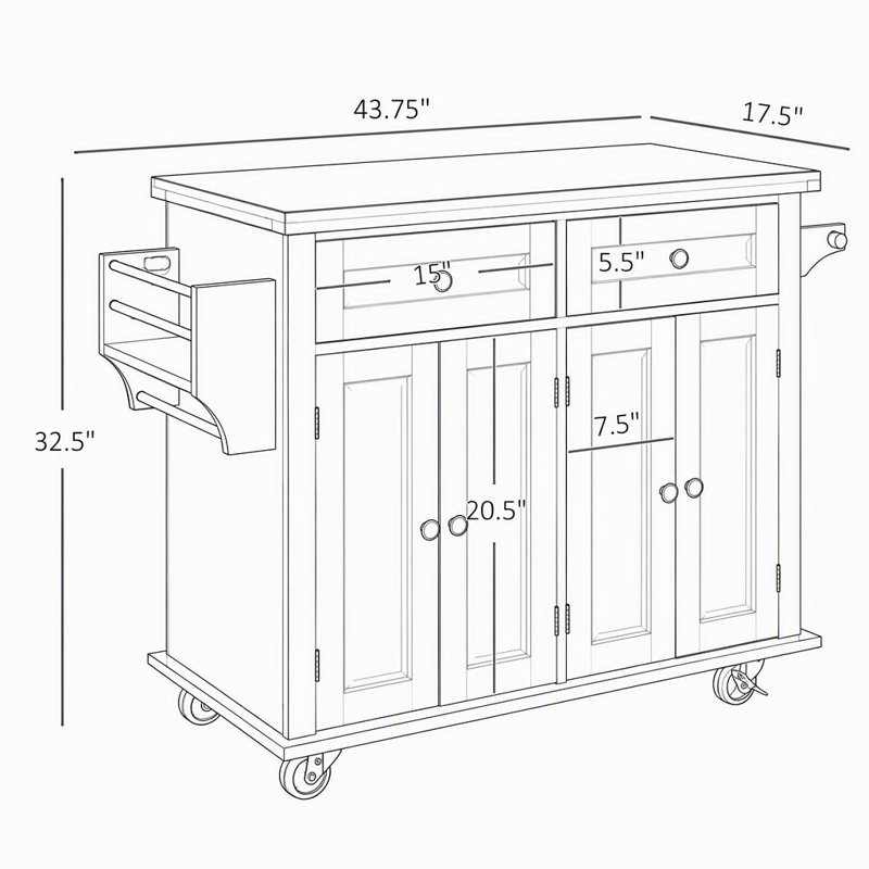 Chariot de cuisine roulant avec plateau en bois d'hévéa, chariot de rangement mobile avec étagères réglables, tiroirs, porte-épices et porte-serviettes, station de préparation à roulettes verrouillable pour la cuisine et la salle à manger