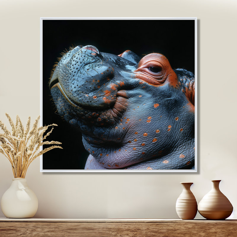 Hippopotame sur fond noir I - reproduction d'art hippopotame animal, Cadre flottant blanc, H 30 po x l 30 po