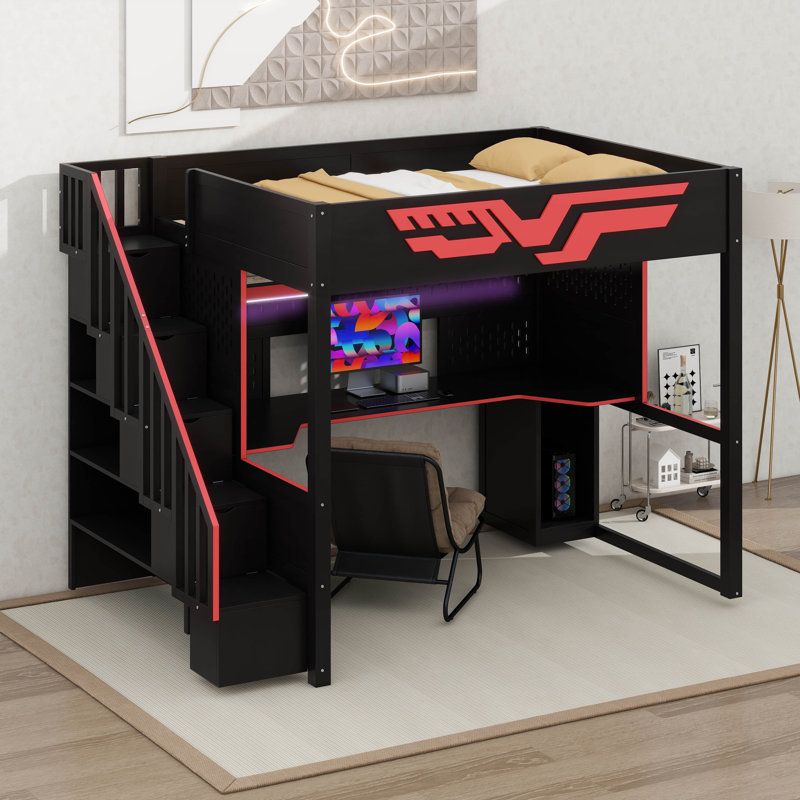 Full Size Wood Loft Bed With Desk And Staircase, Gaming Loft Bed With LED Lights And USB Ports