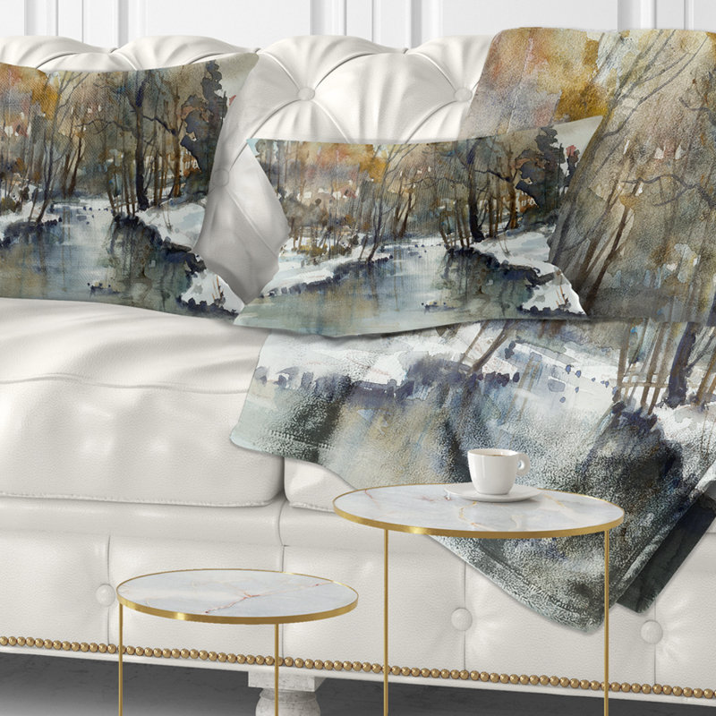 River in Woods Watercolor - Coussin décoratif à imprimé paysage