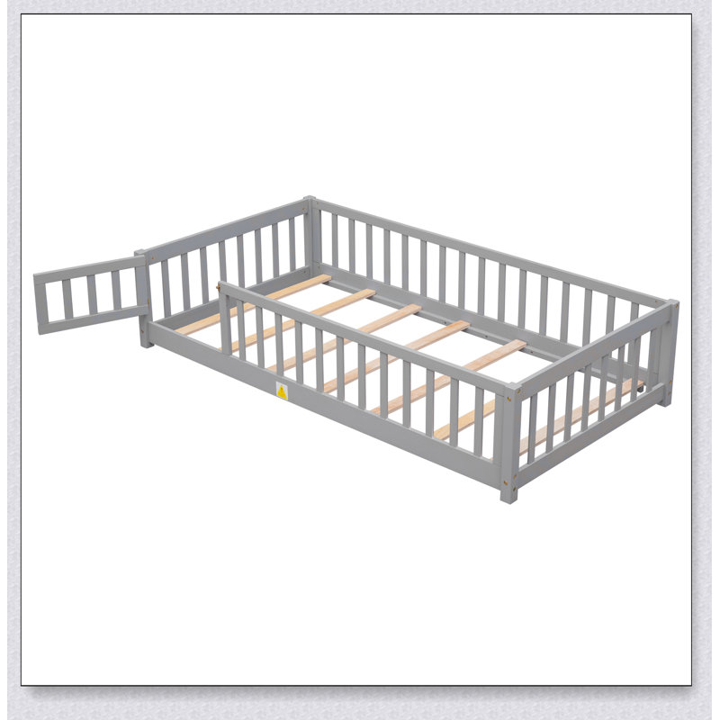 Lit plateforme au sol avec clôture et porte, Gris, Lit simple