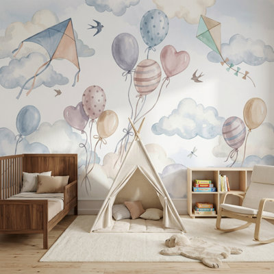 White Background Wallpaper Nursery Sky Pastel Clouds Wall Mural