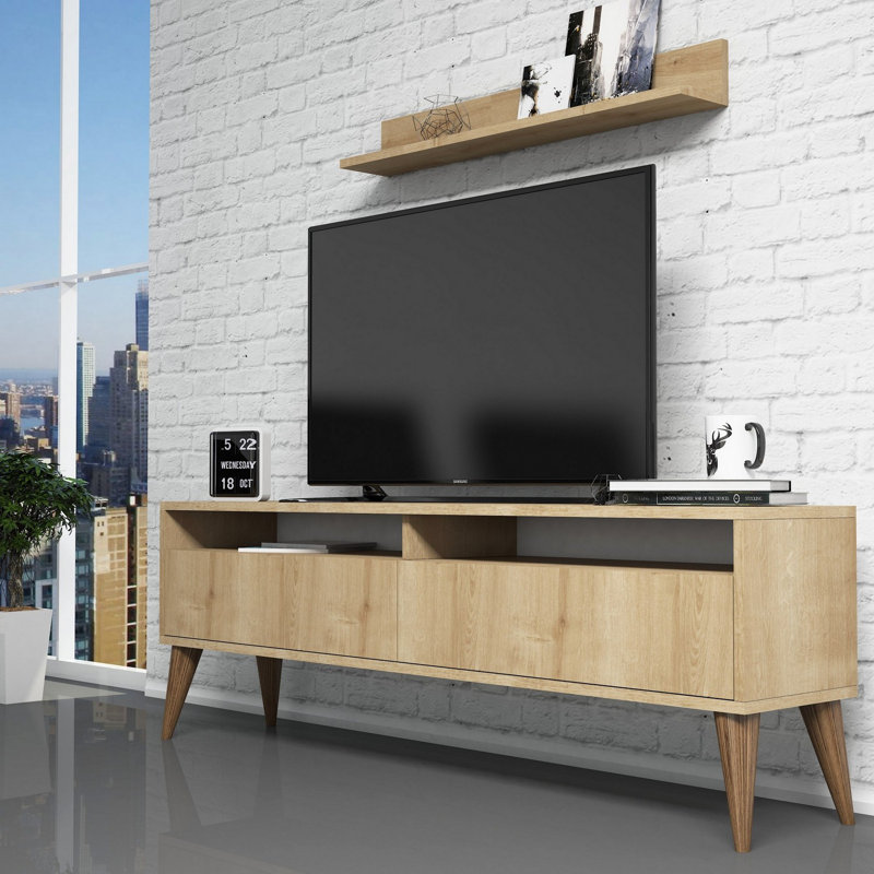 Ensemble de meuble télé et de tablettes murales Modern Modern, 59,1 po x 19,7 po x 11,8 po | 100% panneau de particules enduit de mélamine, épaisseur: 0,7 pouce | Plusieurs tablettes, conception à fixation murale pour un décor de salon scandinave élégant